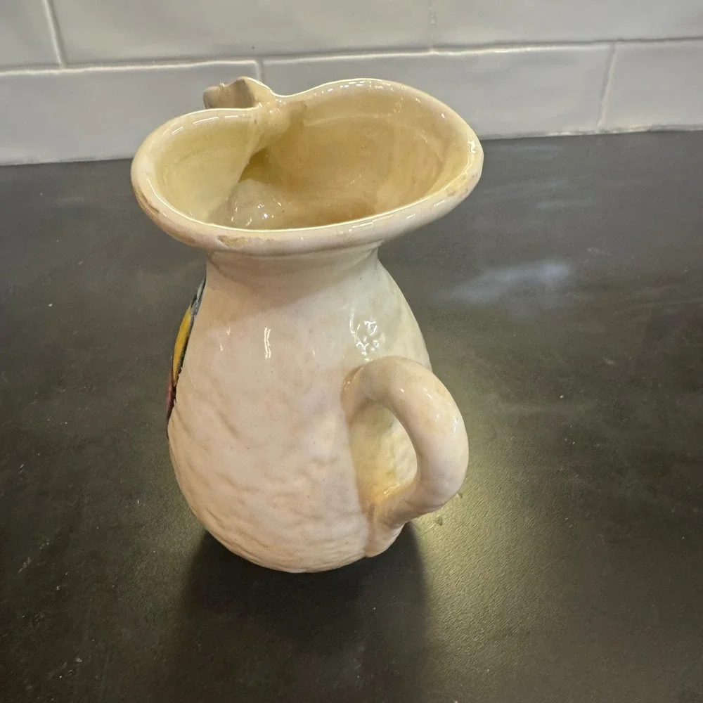 Hand Painted Ceramic Rooster Pitcher Small Cream Multi Color Vintage Folk Art